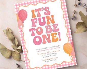 Fun to Be One 1st Birthday Invitation Template, Girl First Birthday Party Invite, Pink Gingham Groovy Theme, Editable Canva Instant Download