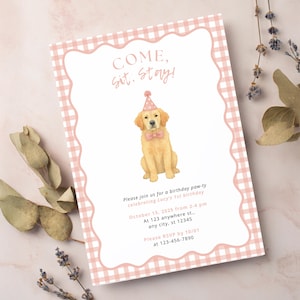 Golden Retriever First Birthday Party Editable Invitation Template | Girl Pink Dog Gingham Party Theme | Instant Download Puppy Party