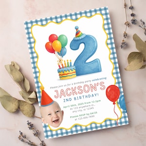 May include: Birthday party invitation with a blue gingham border and a yellow scalloped edge. The invitation features a large blue number 2, a cake, balloons, and the text "JACKSON'S 2ND BIRTHDAY!"
