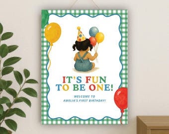 Fun to be One Birthday Editable Welcome Sign Template | First Birthday Green Gingham Fun Bright Colorful Theme | Instant Download 18x24
