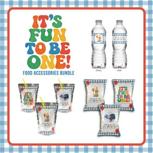 以下が含まれることがあります： 「IT'S FUN TO BE ONE！」の文字が入った、水筒とスナックポーチを含むパーティーフードアクセサリーのセット。風船をあしらったベビーをテーマにしたデザインです。