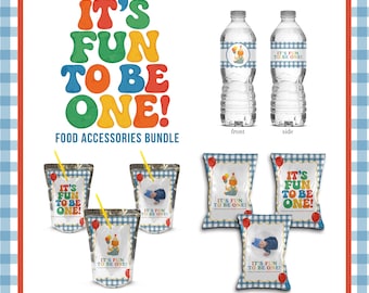 Fun to be One Birthday Editable Food Accessories Bundle Juice Pouch, Chips, Water Bottle Template | Gingham Colorful Theme Instant Download
