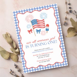 All American Girl 1st Birthday Party Editable Invitation Template | Patriotic Girl Red Blue Bow Gingham Party Theme | Instant Download