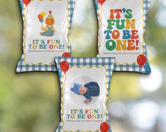 Fun to be One Birthday Editable Food Chip Bag Template | Gingham Colorful Theme Instant Download