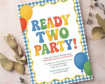 May include: A birthday party invitation with the words "READY TWO PARTY!" in colorful bubble letters. The invitation has a blue and white gingham border and includes details about the party, such as the date, time, and RSVP information.