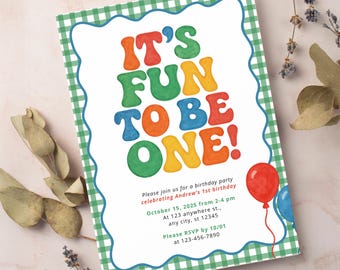 Fun to be One Birthday Party Editable Invitation Template | First Birthday Green Gingham Fun Bright Colorful Theme | Instant Download