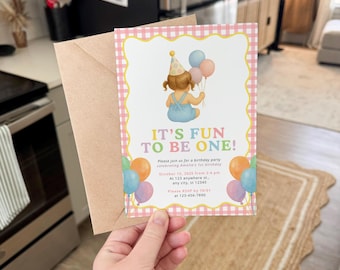 Plantilla de invitación editable para fiesta de primer cumpleaños de niña / Tema divertido y colorido de cuadros vichy rosa / Descarga instantánea