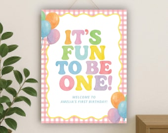Fun to be One Birthday Editable Welcome Sign Template | First Birthday PINK Gingham Fun Bright Colorful Theme | Instant Download 18x24 24x36
