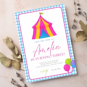 Editable Circus Birthday Invitation Template | Colorful Carnival Birthday | Canva Invite | Girls Party | Instant Download | 5x7 Front & Back