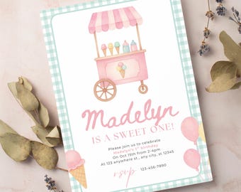 May include: A watercolor invitation with a pink ice cream cart, balloons, and the text "Madelyn IS A SWEET ONE!" in pink script. The invitation has a light blue gingham border and includes party details.