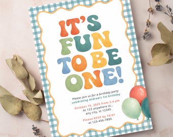 Fun to be One Birthday Party Editable Invitation Template | First Birthday Boy Teal Gingham Fun Bright Colorful Theme | Instant Download