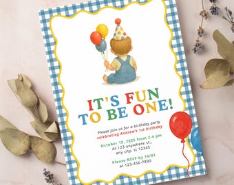 Fun to be One Birthday Party Editable Invitation Template | First Birthday Blue Yellow Gingham Fun Bright Colorful Theme | Instant Download