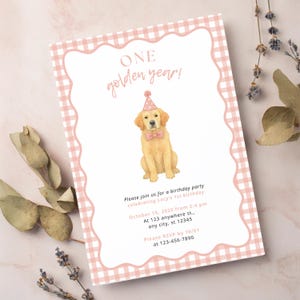 One Golden Year Golden Retriever First Birthday Party Editable Invitation Template | Girl Pink Dog Gingham Party Theme | Instant Download