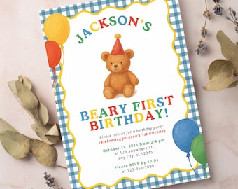 Beary First Birthday Party Editable Invitation Template | Blue Boy Bear First Birthday Gingham Party Theme | Instant Download Canva 5x7