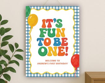 Szablon powitalny z możliwością edycji „Fun to be One Birthday” | Niebieski, kratkowany motyw w kratkę „Pierwsze urodziny” | Natychmiastowe pobranie 18x24 24x36