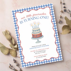 Our Little Firecracker 1st Birthday Party Editable Invitation Template | Patriotic Fireworks Red Blue Gingham Party Theme | Instant Download