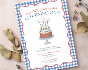 Our Little Firecracker 1st Birthday Party Editierbare Einladungsvorlage | Vaterländisches Feuerwerk-rotes blaues Gingham-Party-Thema | Sofort Download