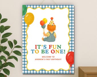 Szablon powitalny z możliwością edycji "Fun to be One" na urodziny | Niebieski, kratkowany motyw w kratkę "Pierwsze urodziny" | Natychmiastowe pobranie 18x24