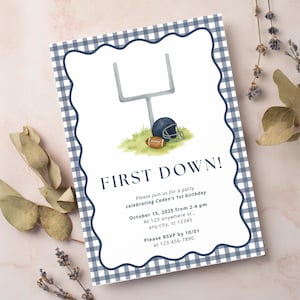 First Down Football Birthday Party Editable Invitation Template | First Birthday Navy Blue Gingham Football First Year Down Theme Download