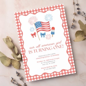 All American Girl 1st Birthday Party Editable Invitation Template | Patriotic Girl Red Blue Bow Gingham Party Theme | Instant Download