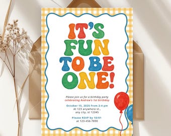 Fun to Be One 1st Birthday Invitation Template, Girl Boy First Birthday Party Invite, Yellow Gingham Theme, Editable Canva, Instant Download