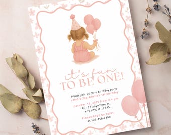 Fun to Be One Birthday Invitation: Pink Floral Canva Template (Digital Download)