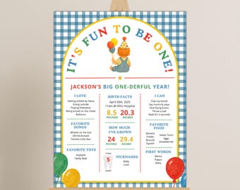 Könnte beinhalten: Ein personalisiertes Geburtstagszeichen auf einer Staffelei mit blauem Vichy-Hintergrund. Das Schild zeigt farbenfrohen Text und Illustrationen, darunter ein Baby mit Luftballons. Es listet die Geburtsdaten, Lieblingsdinge und ersten Worte des Kindes auf.