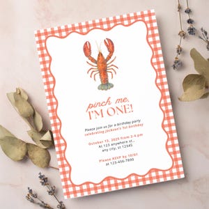 Pinch Me I&#39;m One Party Editable Invitation Template | First Birthday Boy Girl Lobster Red Seafood Nautical Theme | Instant Download