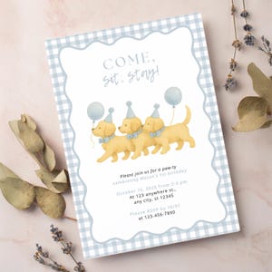 Golden Retriever First Birthday Party Editable Invitation Template | Boy Blue Dog Gingham Party Theme | Instant Download Puppy Party