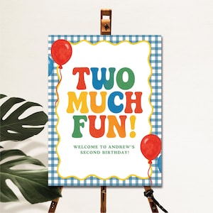 May include: A sign on an easel with the words "TWO MUCH FUN!" in colorful letters. The sign has a blue and white gingham border and red balloons. The text below reads "WELCOME TO ANDREW'S SECOND BIRTHDAY!"