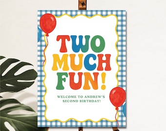 Two Much Fun Birthday Editable Welcome Sign Template | 2nd Birthday Blue Gingham Fun Bright Colorful Theme | Instant Download 18x24