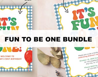 Fun to be One Birthday Editable Bundle Welcome Sign and Invitation Template | First Birthday Blue Gingham Colorful Theme | Instant Download