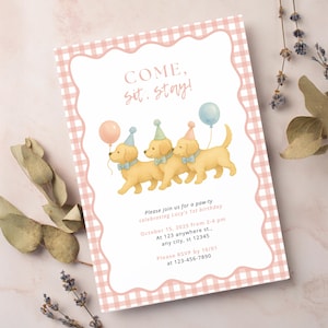 Golden Retriever First Birthday Party Editable Invitation Template | Girl Pink Dog Gingham Party Theme | Instant Download Puppy Party
