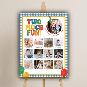 May include: A rectangular birthday milestone poster with a blue and white gingham border. The text reads TWO MUCH FUN! and JACKSON'S SECOND YEAR! It features twelve square photos of a child from 13 to 24 months, plus a large circular photo.