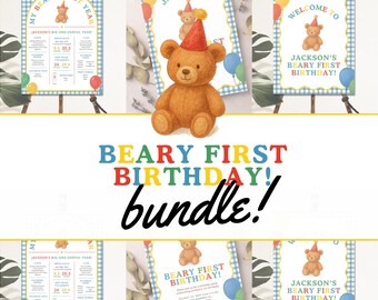 Beary First Birthday BUNDLE Party Editable Templates | First Birthday Bear Blue Yellow Gingham Fun Bright Colorful Theme | Instant Download