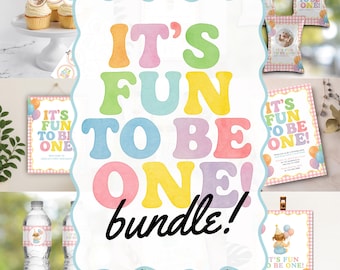 Fun to be One BUNDLE Birthday Party Editable Templates | First Birthday Pink Gingham Girl Fun Bright Colorful Theme | Instant Download