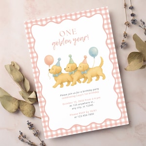 One Golden Year Golden Retriever First Birthday Party Editable Invitation Template | Girl Pink Dog Gingham Party Theme | Instant Download