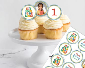 Fun to be One Birthday Party Editable Cupcake Toppers Template | First Birthday Blue Yellow Gingham Bright Colorful Theme | Instant Download