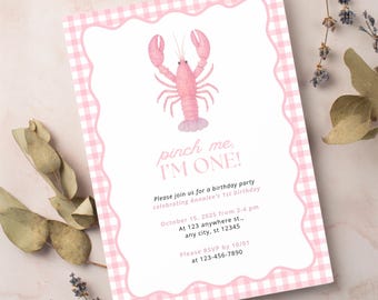 Pinch Me I'm One Party Editable Invitation Template | First Birthday Girl Pink Lobster Gingham Seafood Nautical Theme | Instant Download