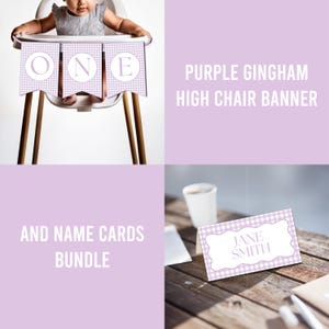 Puede incluir: Una pancarta de trona de cuadros morados con la palabra "ONE" en letras blancas. La imagen también incluye tarjetas con el nombre "Jane Smith" y el texto "AND NAME CARDS BUNDLE". La pancarta y las tarjetas tienen un borde festoneado.