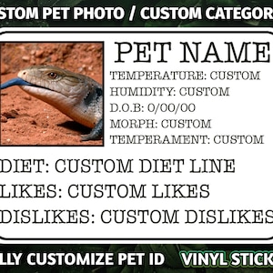 Skink Blue Tongue Skink oder andere - Personalisierte individuelle Foto & Wörter Haustier ID Vinyl Aufkleber Aufkleber wasserdicht 3 "oder 4" - Haustier Reptil