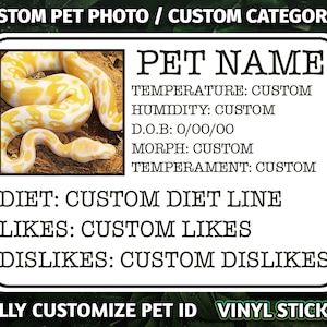 Haustier-Schlange personalisiertes Foto & Wörter Haustier-ID-Vinyl-Aufkleber - Python / Mais / Boa / giftiger Aufkleber wasserdicht 3 "oder 4" Reptile Tank Decor