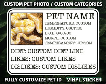 Pet Snake personalized customized photo & words Pet ID vinyl STICKER - Python/corn/boa/venomous decal waterproof 3" or 4" Reptile Tank Decor