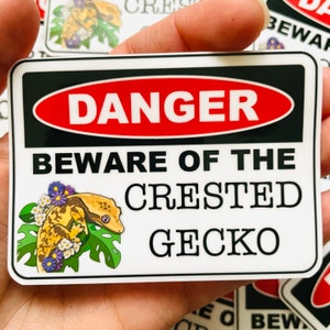 Danger Beware crested gecko lizard  vinyl waterproof sticker / decal (personalization available)