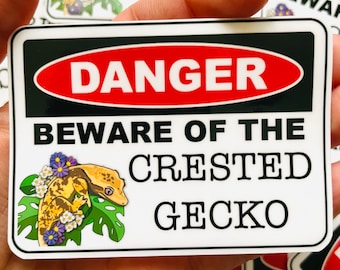 Danger Beware crested gecko lizard  vinyl waterproof sticker / decal (personalization available)