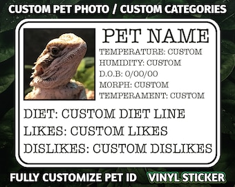 Bearded Dragon Lizard personalized customized photo & words Pet ID vinyl STICKER decal waterproof 3" OR 4" - Pet Reptile Tank Decor