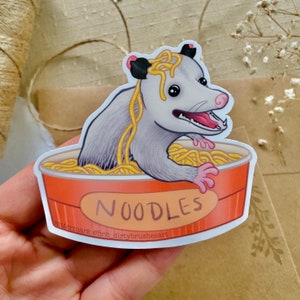 Opossum ramen  noodles soup funny silly food - vinyl waterproof / uv proof  sticker / decal - laptop waterbottle car cartoon possum sticker