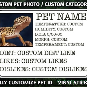 Pet Leopard Gecko Lizard personalized customized photo and words Pet ID vinyl STICKER decal waterproof 3" OR bigger - morph etc Reptile tank