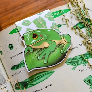 Puede incluir: Una pegatina de una rana verde de árbol sobre un fondo blanco. La rana está sentada en una hoja verde. La pegatina es perfecta para agregar un toque de naturaleza a tu planificador, diario o computadora portátil.