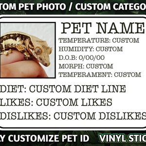 Pet Crested Gecko Lizard personalized customized photo and words Pet ID vinyl STICKER decal waterproof 3&quot; OR bigger - morph etc Reptile Tank